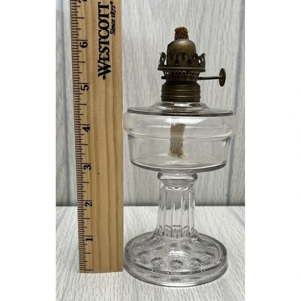 Vintage Clear Glass Oil Lamp Medium Stars On Base Pattern Tabletop Decor